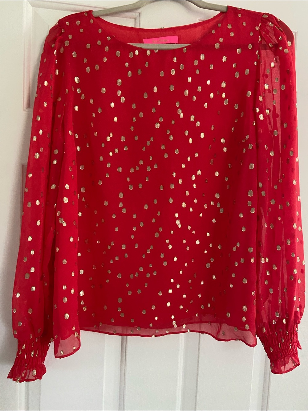Lilly Pulitzer Red Sheer Blouse with Gold Dot Detail